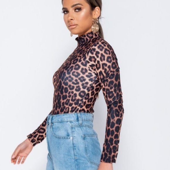 Leopard Print Long Sleeve High Neck Bodysuit Top - Picture 3 of 9
